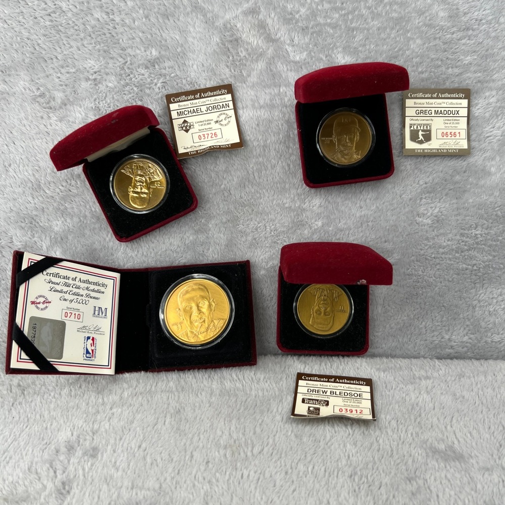 VTG Highland Mint Michael Jordan Grant Hill Bledsoe Maddux Bronze Coin Lot COA